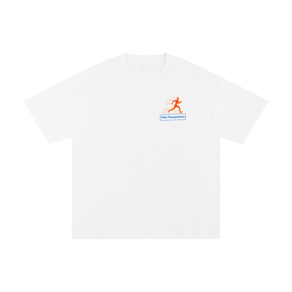 White shirt with orange running man that says, "Flee Temptation" under it.