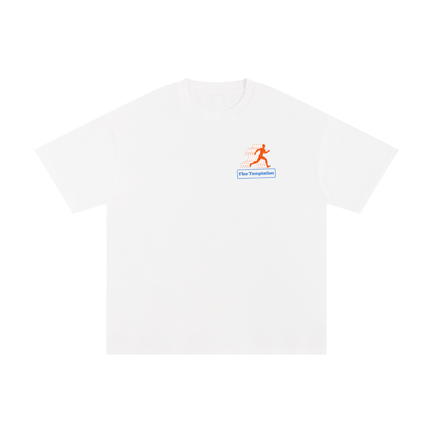 White shirt with orange running man that says, "Flee Temptation" under it.