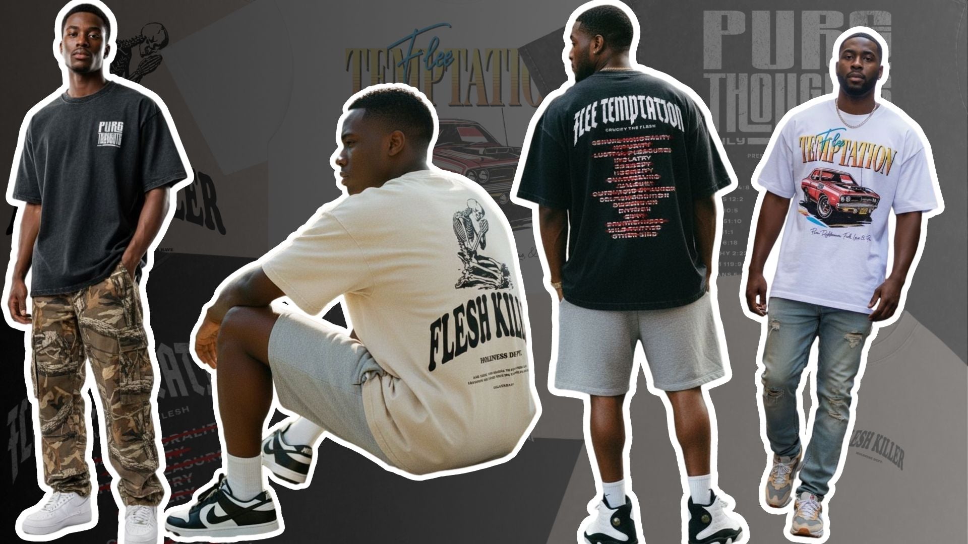 Collage of men wearing branded t-shirts with various designs and text.