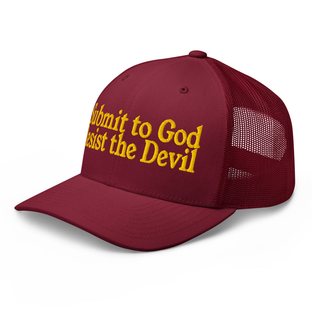 Red cap with yellow text on a white background