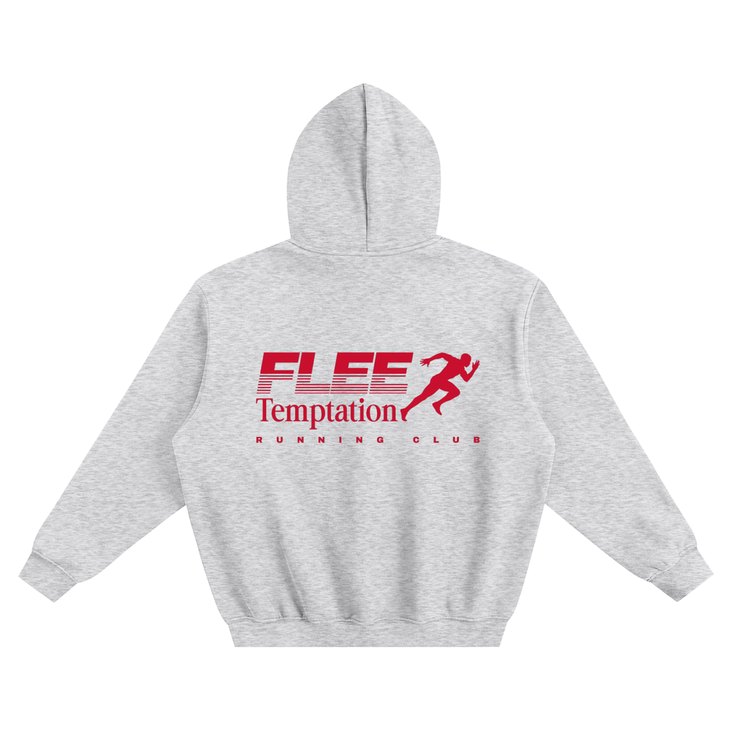 Gray hoodie with 'Flee Temptation Running Club' logo on a white background