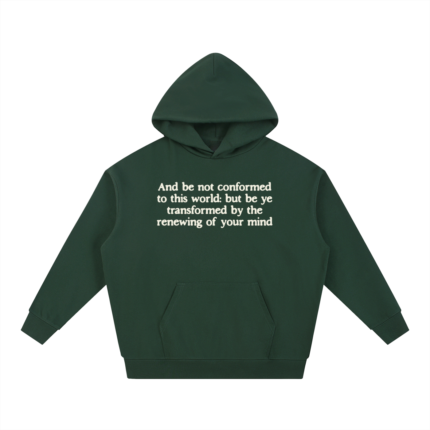 Green hoodie with white text on a white background