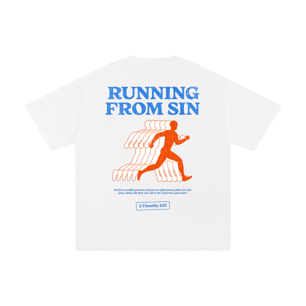 White shirt that with a an orange figure running, with words that say, "RUNNING FROM SIN"