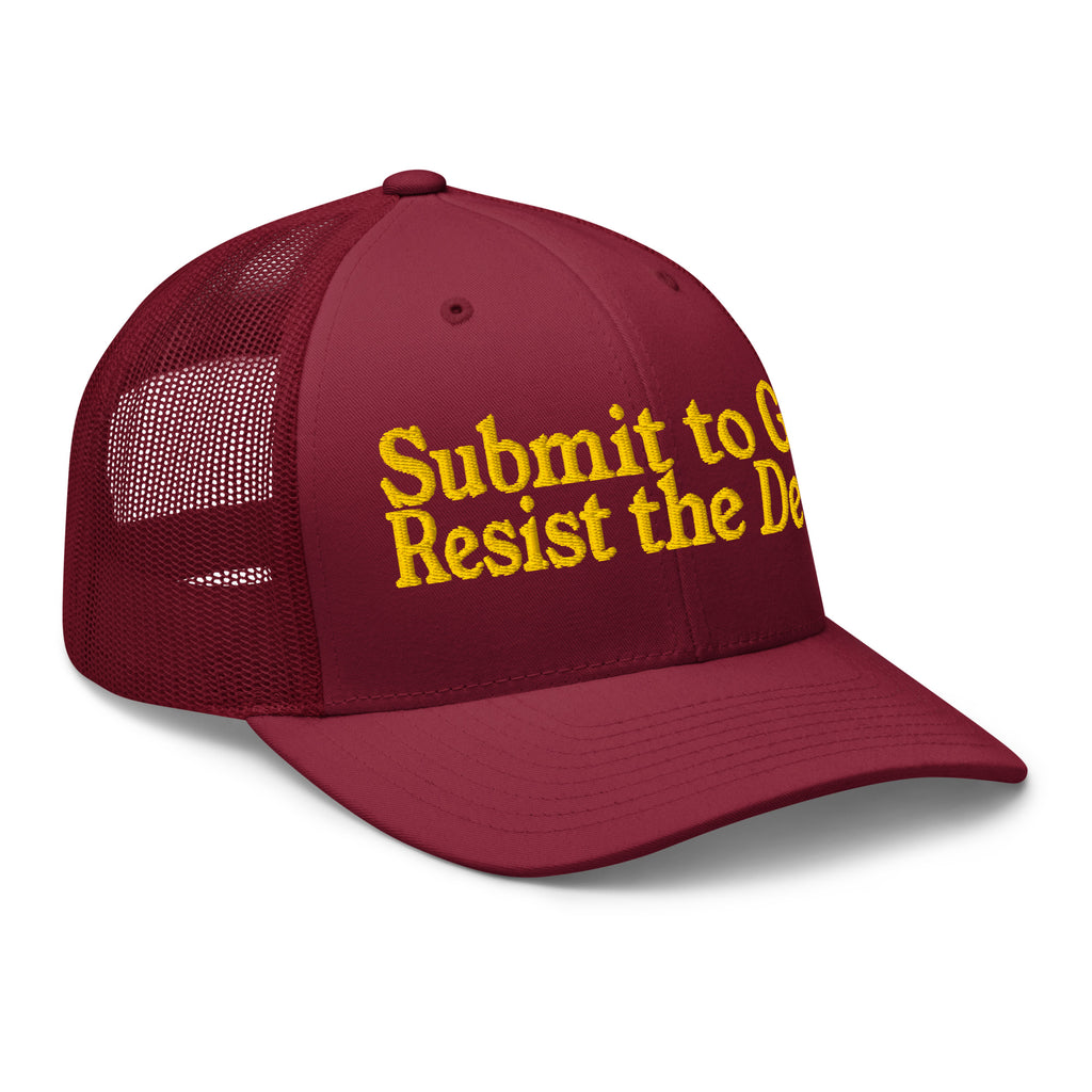 Red cap with 'Submit to God Resist the Devil' text in yellow on a white background