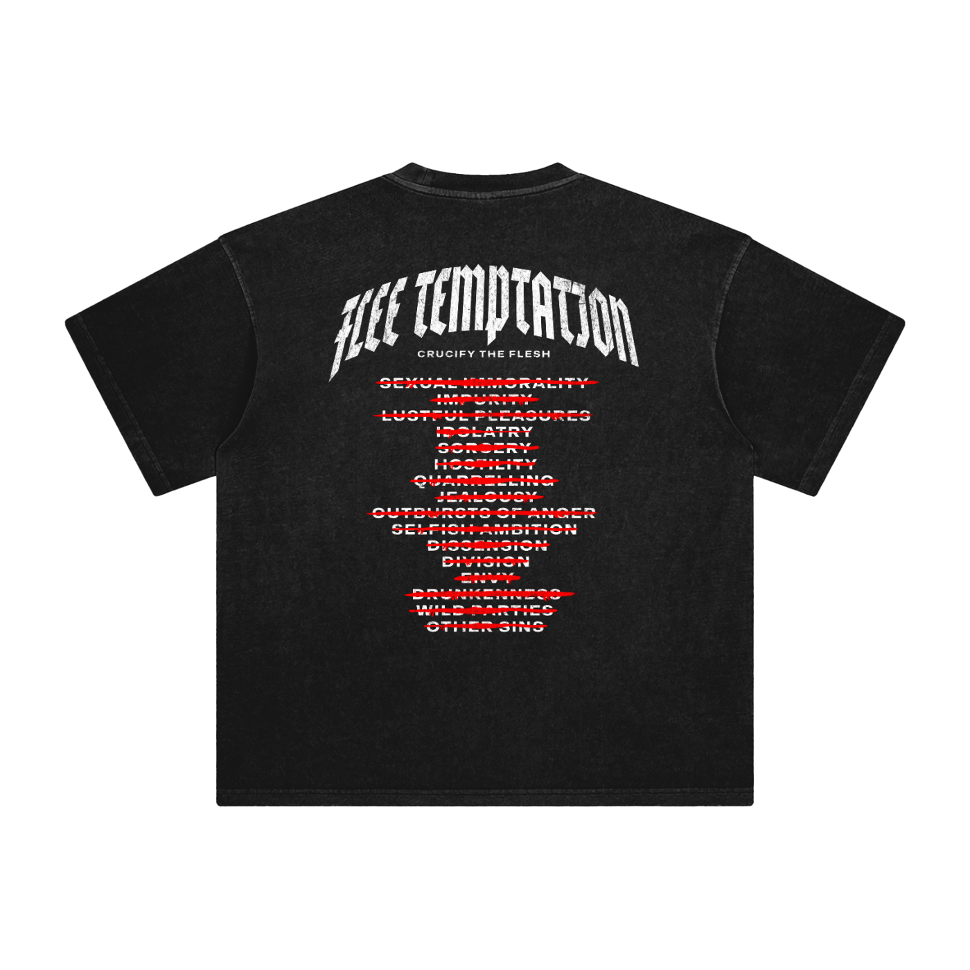 Black t-shirt with white text that is crossed out in red