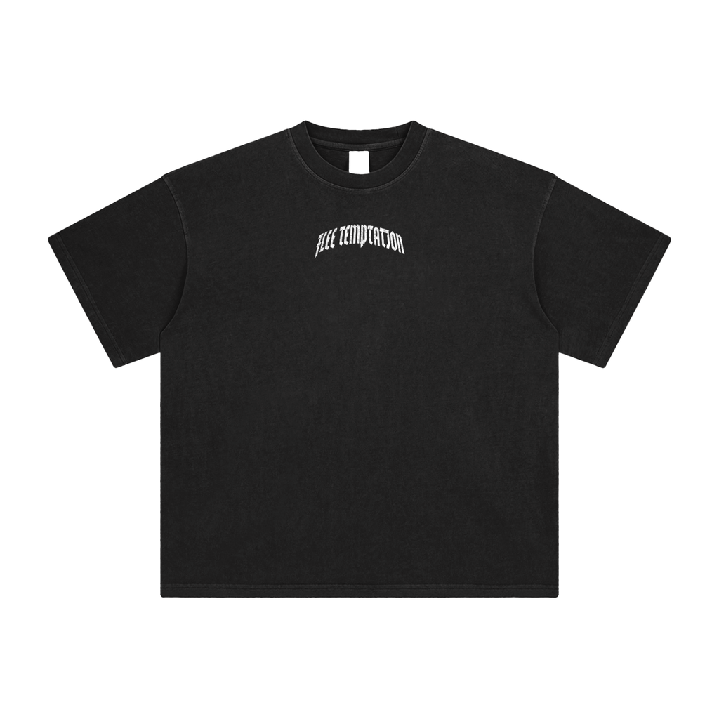 Black t-shirt with white text on a white background