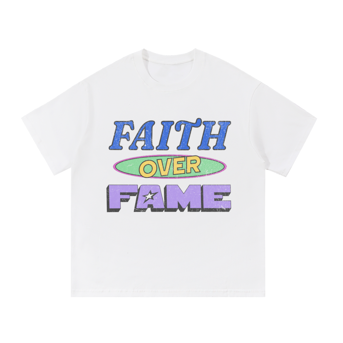 White Faith Over Fame Christian streetwear t-shirt with retro blue, mint, yellow, and lavender lettering and a vintage distressed print
