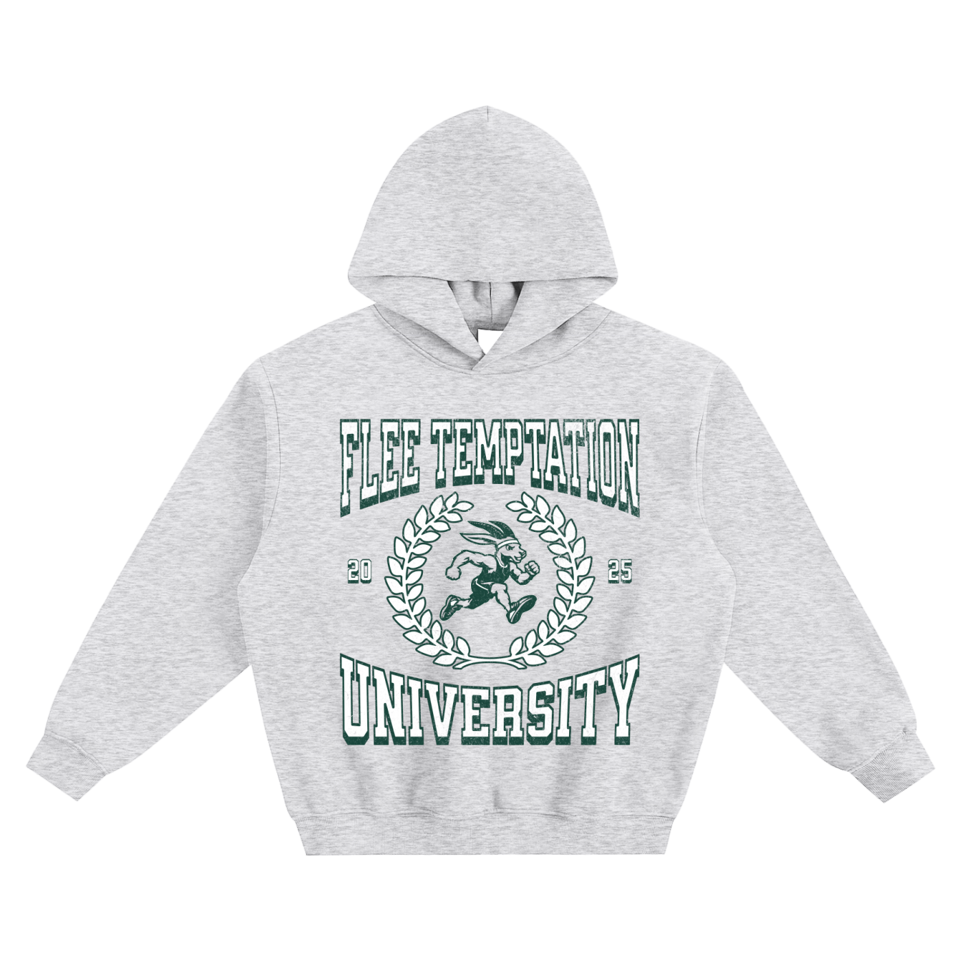 Gray hoodie with 'Flee Temptation University' text and graphic on a white background