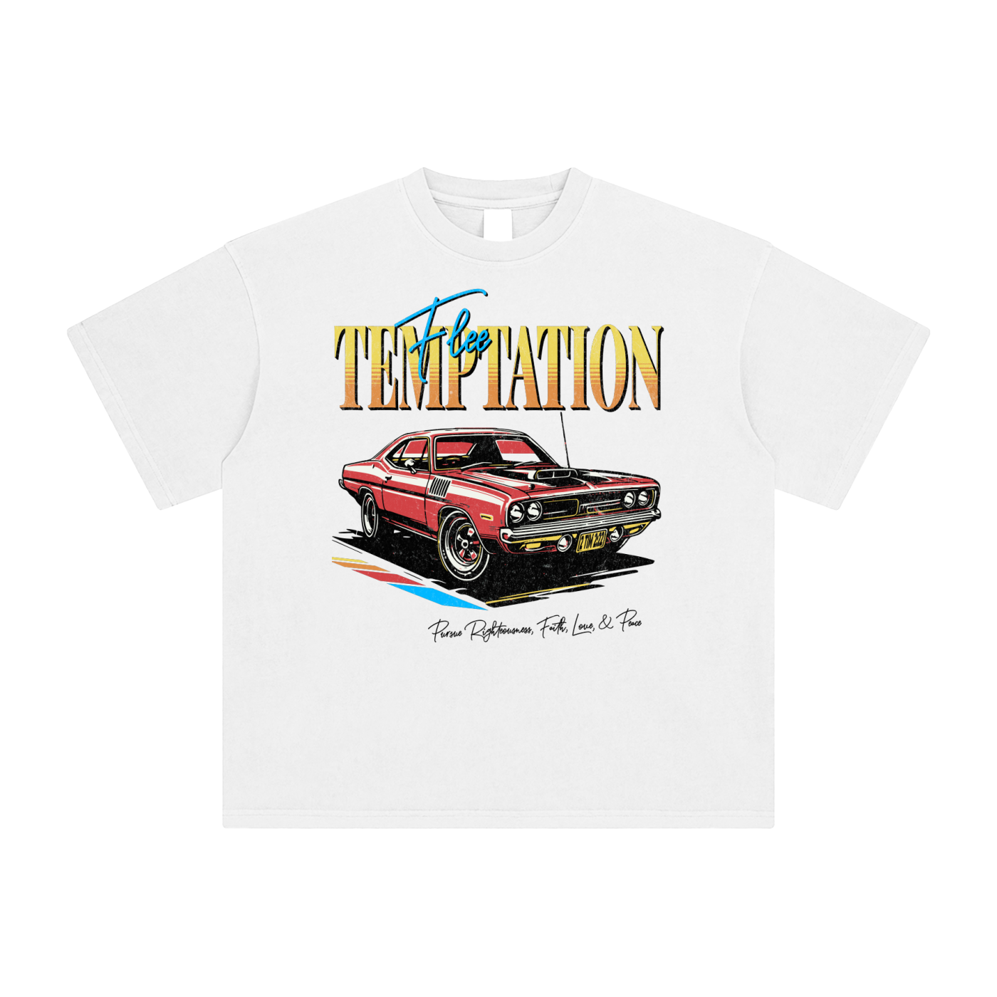 White t-shirt with a red car graphic and 'Flee Temptation' text on a white background