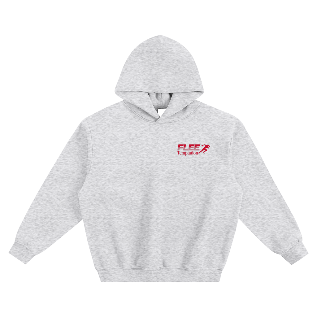 Gray hoodie with a red logo that says "Flee Temptation."