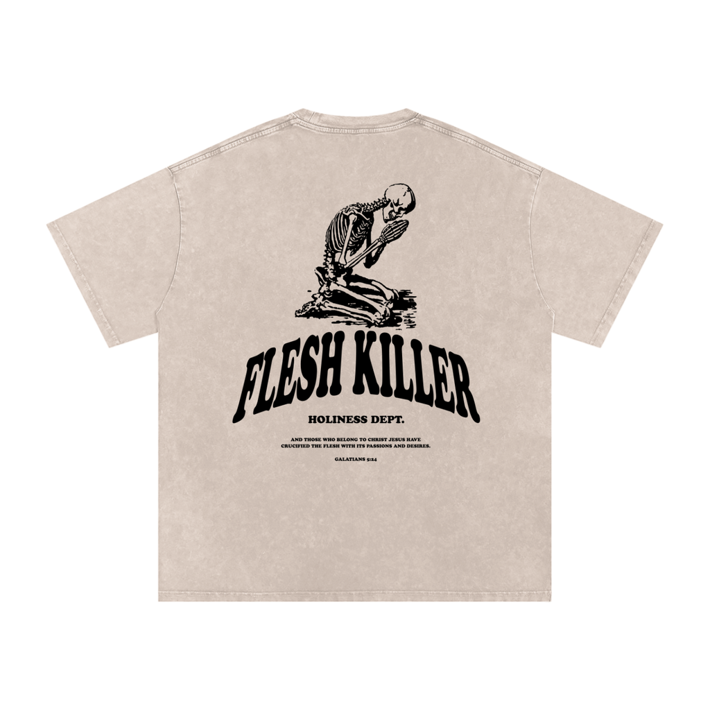 Beige t-shirt with black skeleton graphic and 'Flesh Killer' text on a white background