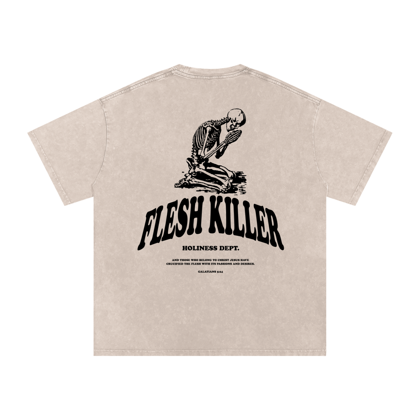 Beige t-shirt with black skeleton graphic and 'Flesh Killer' text on a white background