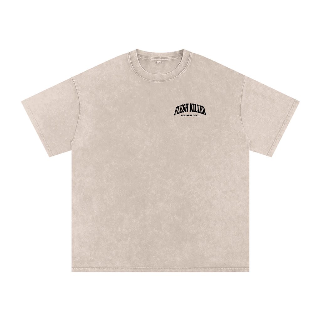 Beige t-shirt with 'Flesh Killer' text on a white background