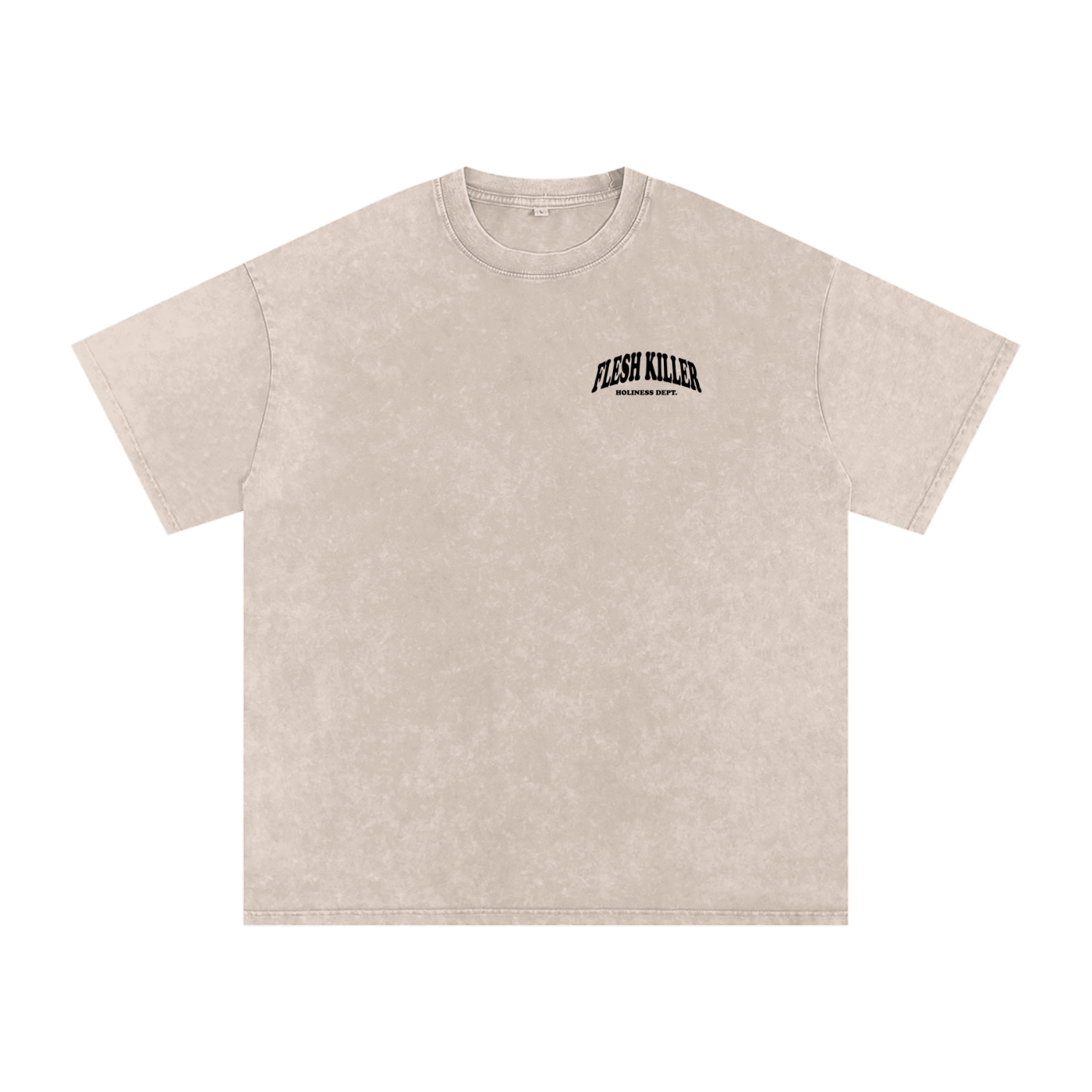 Beige t-shirt with 'Flesh Killer' text on a white background