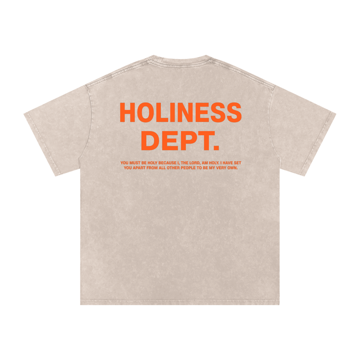 Beige t-shirt with orange text 'HOLINESS DEPT.' on a white background
