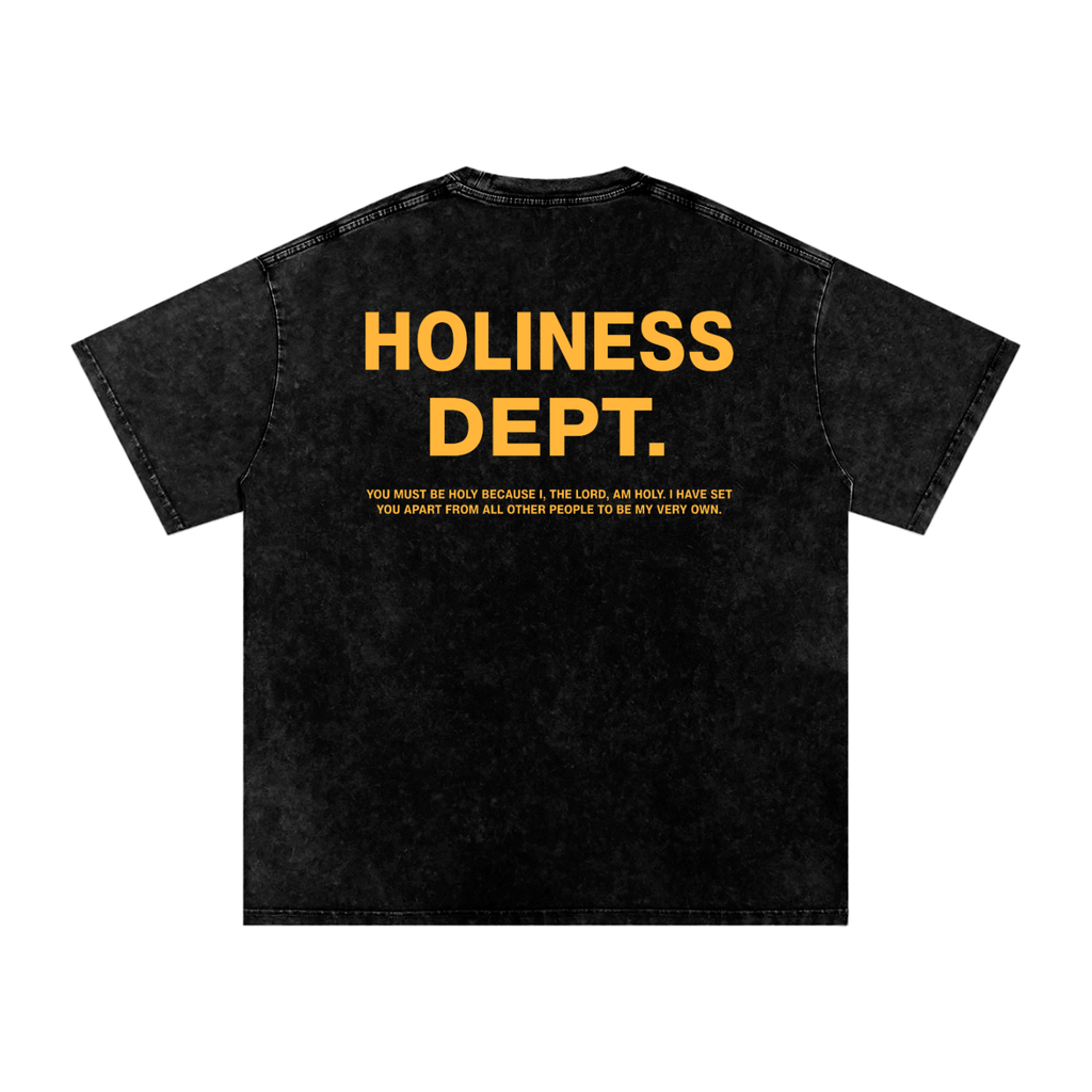Black t-shirt with yellow text 'Holiness Dept.' on a white background