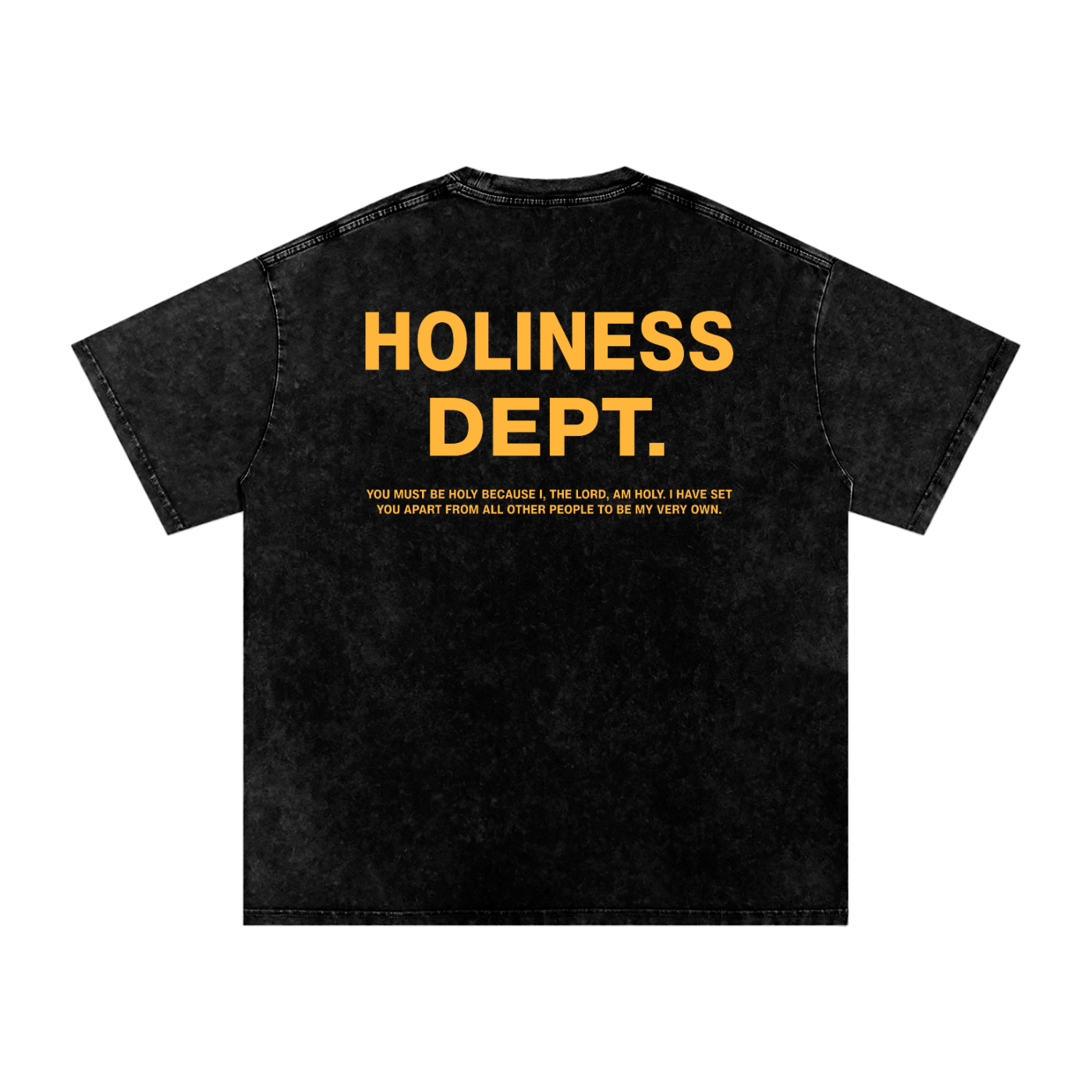 Black t-shirt with yellow text 'Holiness Dept.' on a white background
