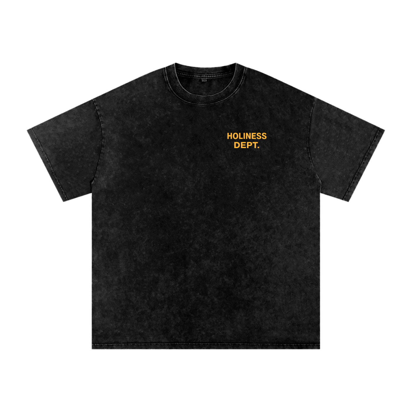 Black t-shirt with 'Holiness Dept.' text on a white background