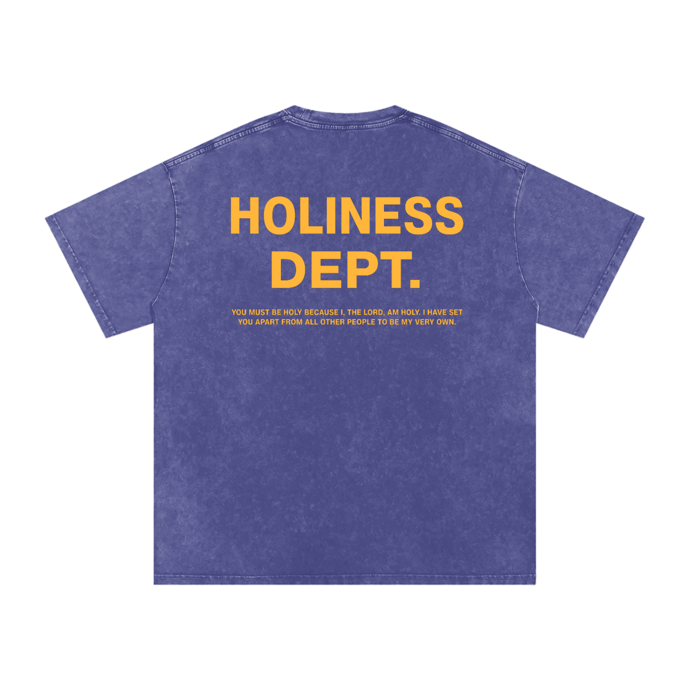 Purple t-shirt with yellow text 'Holiness Dept.' on a white background