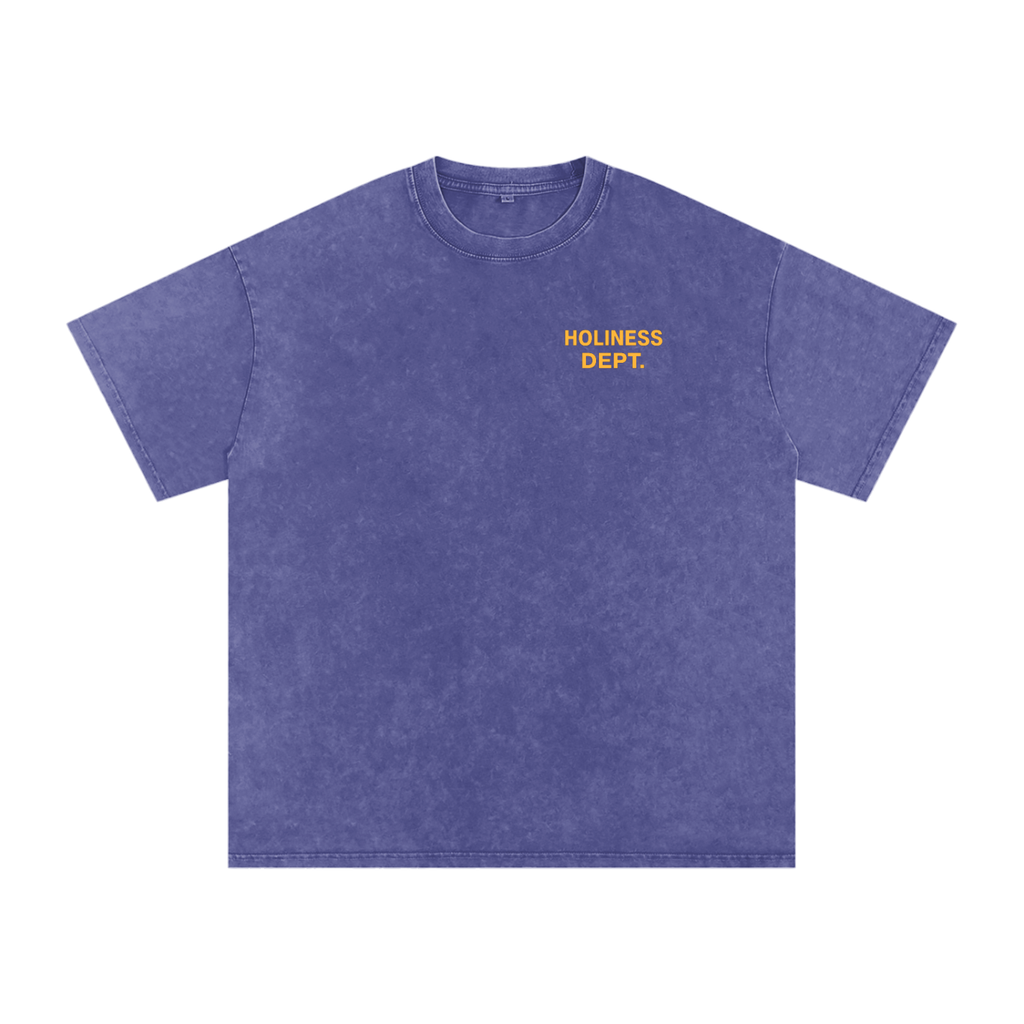 Purple t-shirt with 'Holiness Dept.' text on a white background