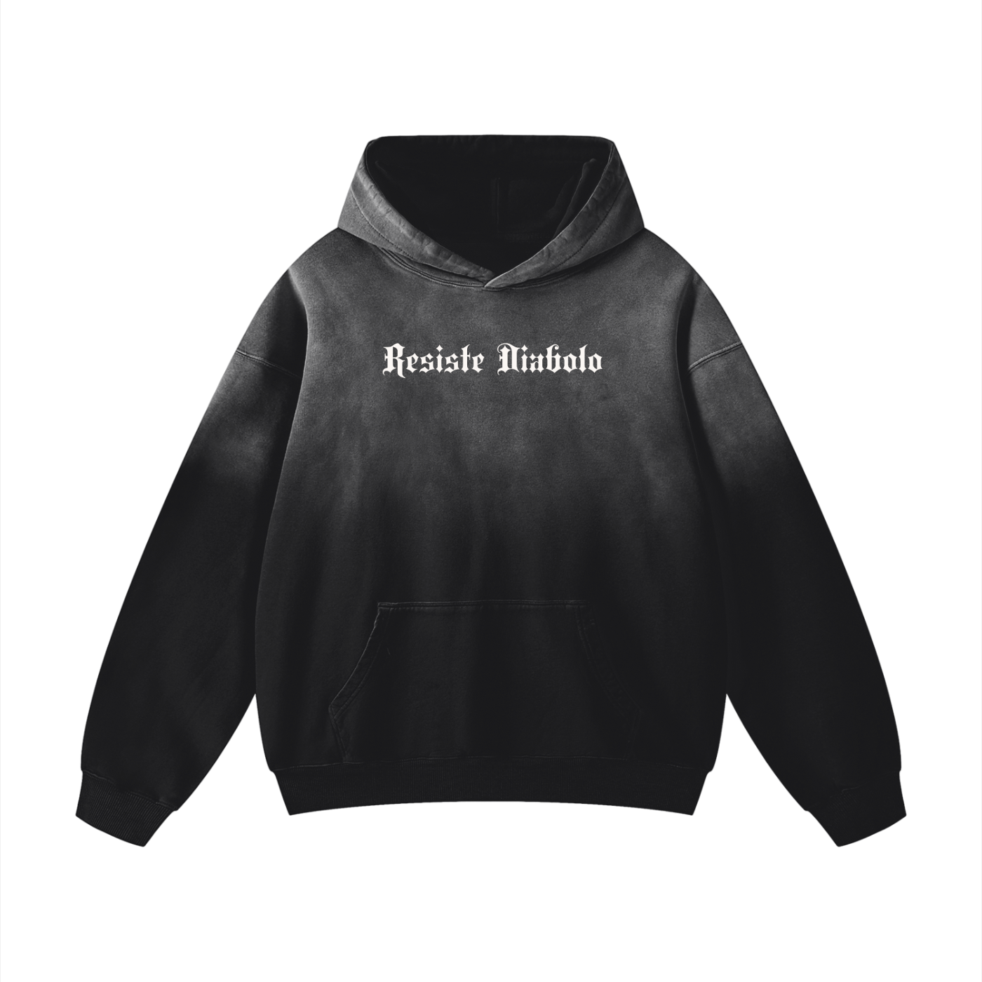 Black hoodie with 'Resiste Diabolo' text on a white background