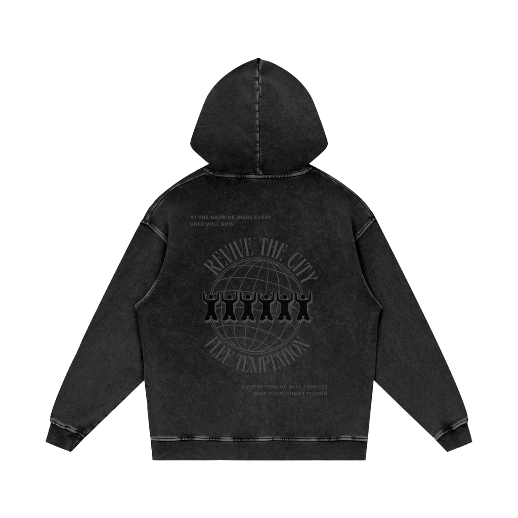 Black hoodie that says, 'Revive the City, Flee Temptation.'