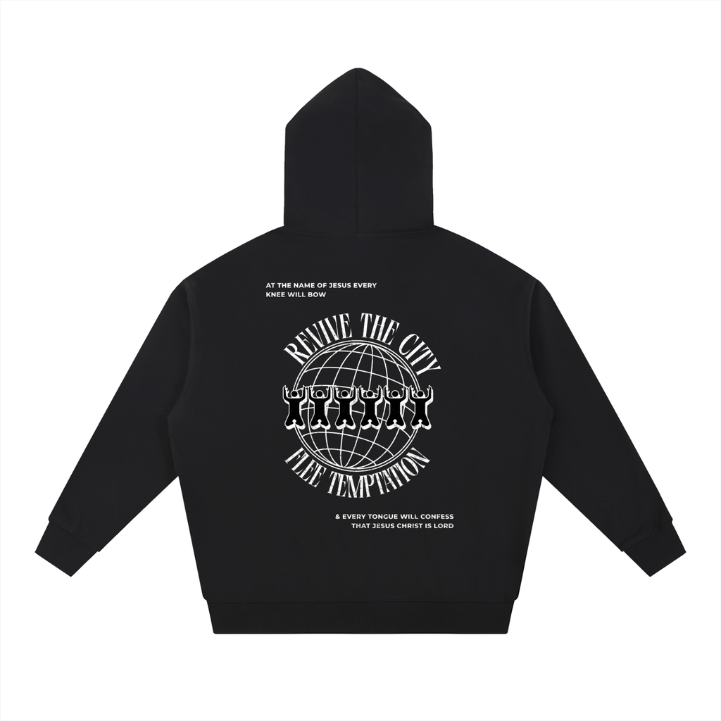 Black hoodie that reads, 'Revive the City, Flee Temptation"