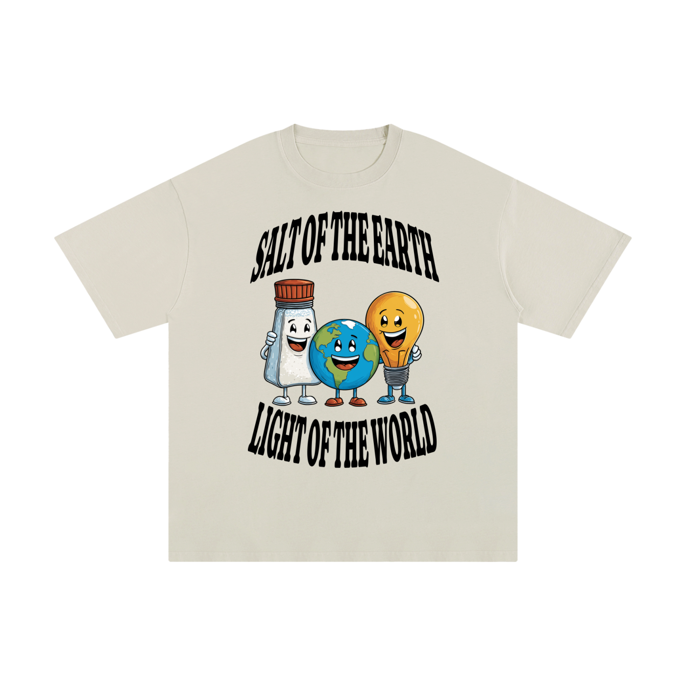Beige t-shirt with cartoon characters and text 'Salt of the Earth, Light of the World' on a white background