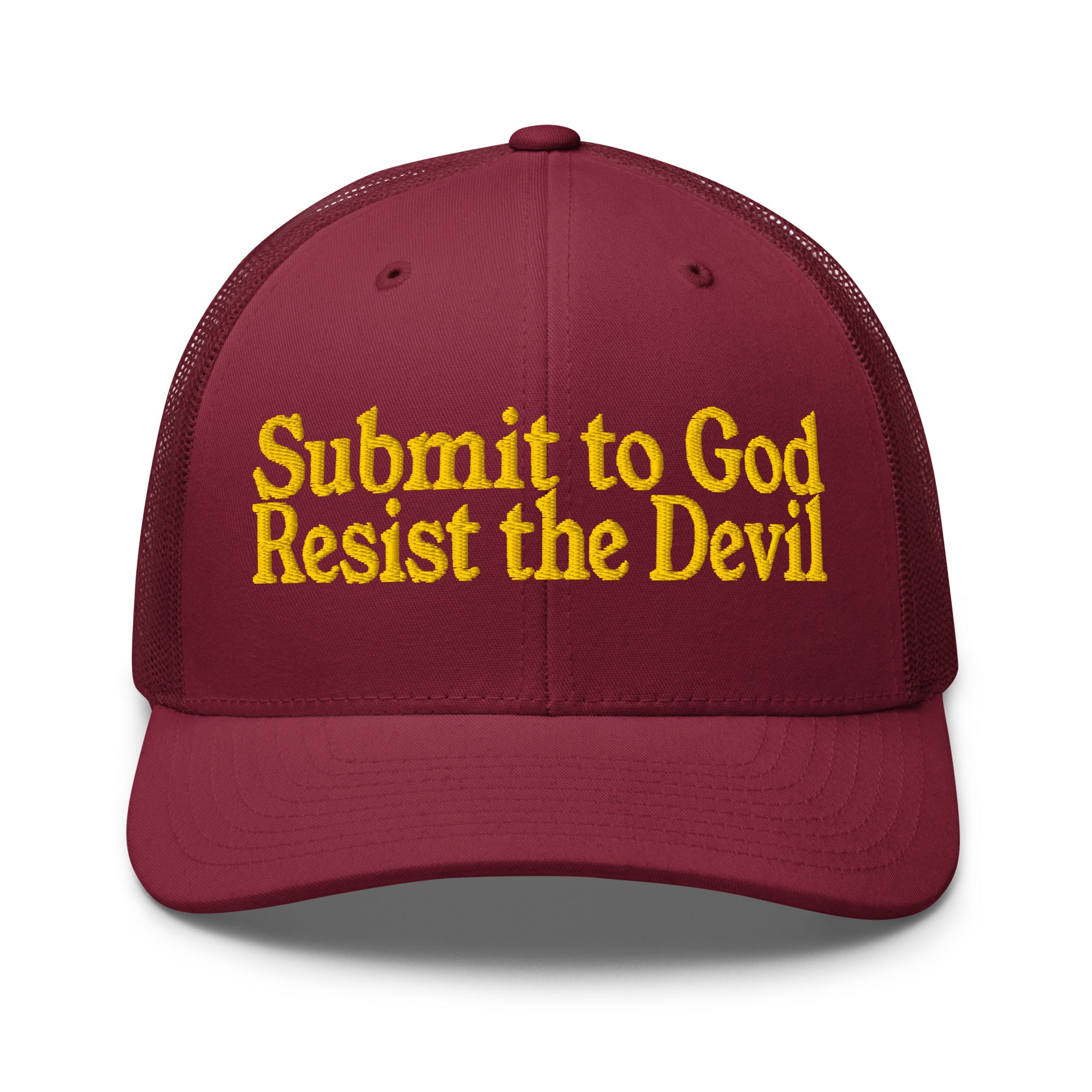 Red Trucker hat with yellow words that says, "Submit to God Resist the Devil